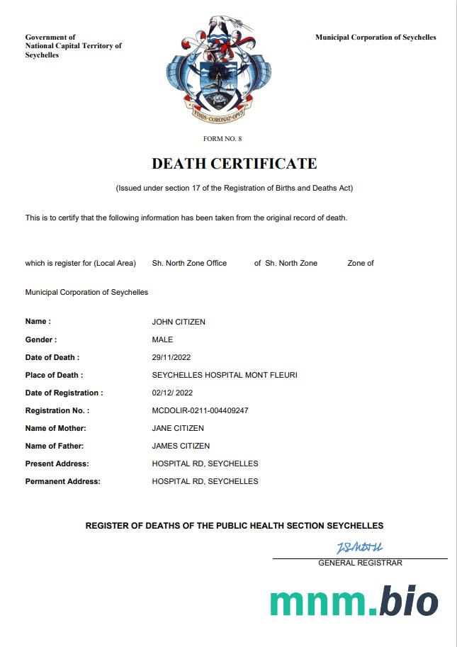 Seychelles rekord życiowy śmierć certyfikat Word i PDF szablon